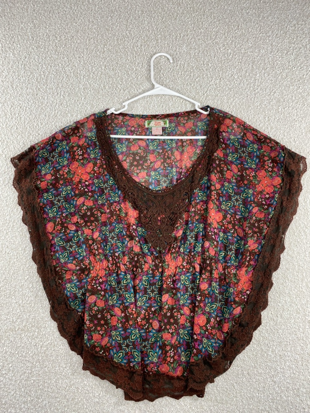 Boho Floral Lace-Trim Peasant Top - Brown / Multicolor medium